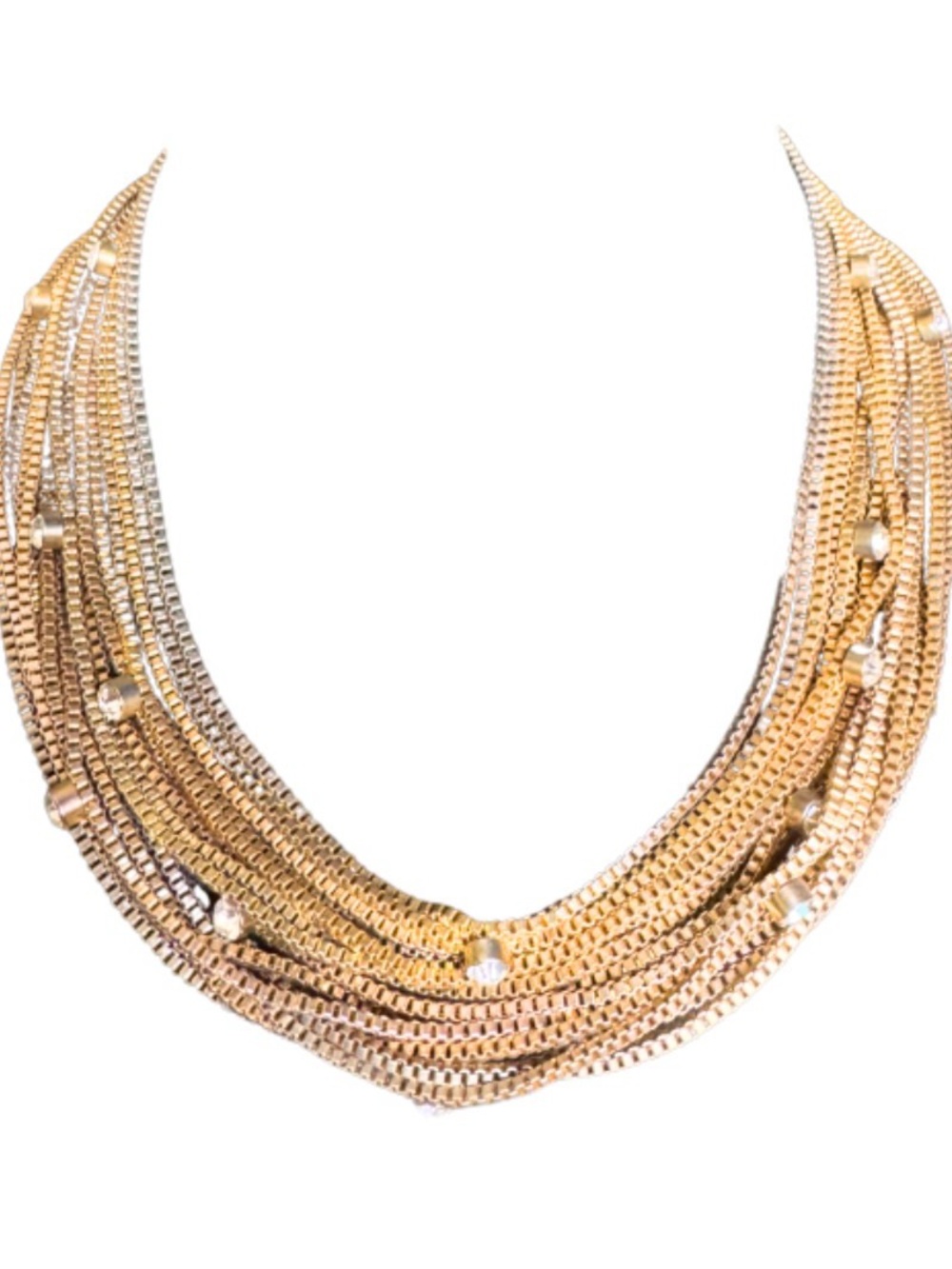 Tri Toned Vintage Box Chain Necklace with Rhinestone